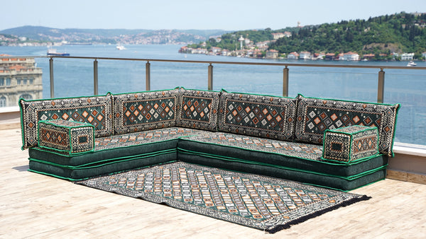 Green Chile Sunset pattern L-shaped corner Arabic floor sofa set, photo 14 of 16