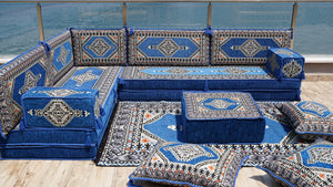Royal Blue Palace Elegance: L Shaped Floor Sofa Set – Arabic Majlis Seating – Window Seat Cushion – Oriental Cushion Set