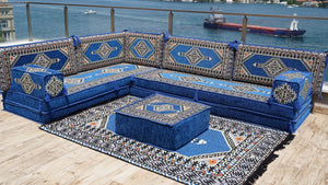 Royal Blue Palace Elegance: L Shaped Floor Sofa Set – Arabic Majlis Seating – Window Seat Cushion – Oriental Cushion Set