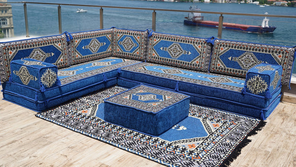 Royal Blue Palace Elegance: L Shaped Floor Sofa Set – Arabic Majlis Seating – Window Seat Cushion – Oriental Cushion Set
