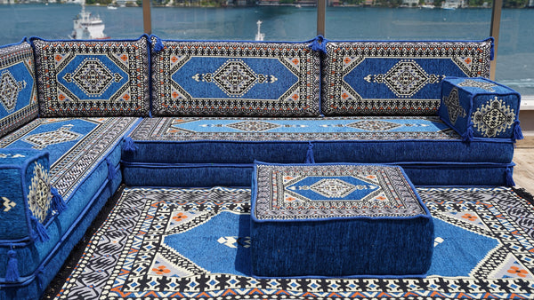 Royal Blue Palace Elegance: L Shaped Floor Sofa Set – Arabic Majlis Seating – Window Seat Cushion – Oriental Cushion Set
