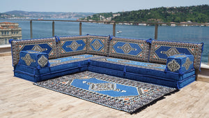 Royal Blue Palace Elegance: L Shaped Floor Sofa Set – Arabic Majlis Seating – Window Seat Cushion – Oriental Cushion Set