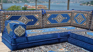 Royal Blue Palace Elegance: L Shaped Floor Sofa Set – Arabic Majlis Seating – Window Seat Cushion – Oriental Cushion Set