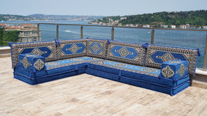 Royal Blue Palace Elegance: L Shaped Floor Sofa Set – Arabic Majlis Seating – Window Seat Cushion – Oriental Cushion Set