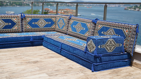 Royal Blue Palace Elegance: L Shaped Floor Sofa Set – Arabic Majlis Seating – Window Seat Cushion – Oriental Cushion Set
