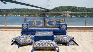 أريكة أرضية زرقاء ملكية، طقم أريكة أرضية تقليدية، أريكة مقسمة مع أريكة عثمانية وسجادة، طقم أريكة أرضية عربية، سجادة يوغا وتأمل، سرير أريكة فوتون