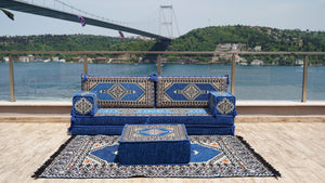 أريكة أرضية زرقاء ملكية، طقم أريكة أرضية تقليدية، أريكة مقسمة مع أريكة عثمانية وسجادة، طقم أريكة أرضية عربية، سجادة يوغا وتأمل، سرير أريكة فوتون