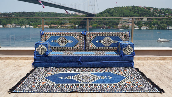أريكة أرضية زرقاء ملكية، طقم أريكة أرضية تقليدية، أريكة مقسمة مع أريكة عثمانية وسجادة، طقم أريكة أرضية عربية، سجادة يوغا وتأمل، سرير أريكة فوتون