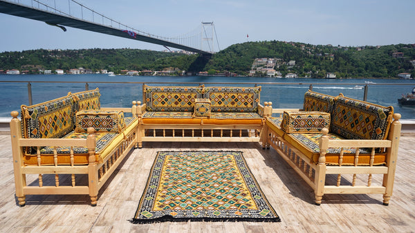Yellow Arabic Majlis, Wooden Bench Sofa Sets, Arabic Jalsah Set, Garden Sofa Set, Bench Pillows, Corner Sofa Seating Set, Yemeni Majlis