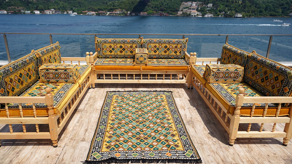 Yellow Arabic Majlis, Wooden Bench Sofa Sets, Arabic Jalsah Set, Garden Sofa Set, Bench Pillows, Corner Sofa Seating Set, Yemeni Majlis