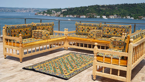 Yellow Arabic Majlis, Wooden Bench Sofa Sets, Arabic Jalsah Set, Garden Sofa Set, Bench Pillows, Corner Sofa Seating Set, Yemeni Majlis