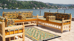 Yellow Arabic Majlis, Wooden Bench Sofa Sets, Arabic Jalsah Set, Garden Sofa Set, Bench Pillows, Corner Sofa Seating Set, Yemeni Majlis