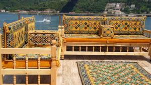 Yellow Arabic Majlis, Wooden Bench Sofa Sets, Arabic Jalsah Set, Garden Sofa Set, Bench Pillows, Corner Sofa Seating Set, Yemeni Majlis