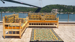 Yellow Arabic Majlis, Wooden Bench Sofa Sets, Arabic Jalsah Set, Garden Sofa Set, Bench Pillows, Corner Sofa Seating Set, Yemeni Majlis