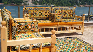 Yellow Arabic Majlis, Wooden Bench Sofa Sets, Arabic Jalsah Set, Garden Sofa Set, Bench Pillows, Corner Sofa Seating Set, Yemeni Majlis