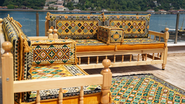 Yellow Arabic Majlis, Wooden Bench Sofa Sets, Arabic Jalsah Set, Garden Sofa Set, Bench Pillows, Corner Sofa Seating Set, Yemeni Majlis