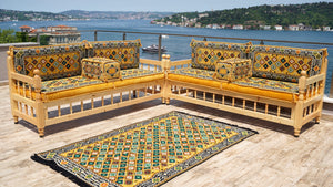 Yellow Arabic Majlis, Wooden Bench Sofa Sets, Arabic Jalsah Set, Garden Sofa Set, Bench Pillows, Corner Sofa Seating Set, Yemeni Majlis
