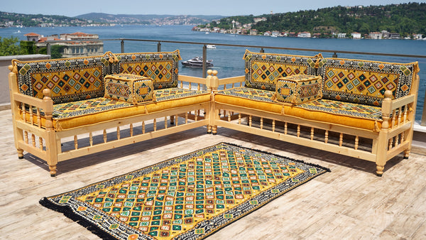 Yellow Arabic Majlis, Wooden Bench Sofa Sets, Arabic Jalsah Set, Garden Sofa Set, Bench Pillows, Corner Sofa Seating Set, Yemeni Majlis