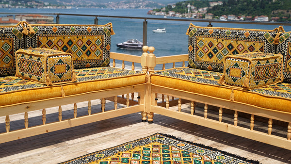 Yellow Arabic Majlis, Wooden Bench Sofa Sets, Arabic Jalsah Set, Garden Sofa Set, Bench Pillows, Corner Sofa Seating Set, Yemeni Majlis
