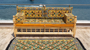 Yellow Arabic Majlis, Wooden Bench Sofa Sets, Arabic Jalsah Set, Garden Sofa Set, Bench Pillows, Corner Sofa Seating Set, Yemeni Majlis