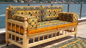 Yellow Arabic Majlis, Wooden Bench Sofa Sets, Arabic Jalsah Set, Garden Sofa Set, Bench Pillows, Corner Sofa Seating Set, Yemeni Majlis
