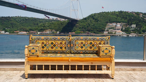 Yellow Arabic Majlis, Wooden Bench Sofa Sets, Arabic Jalsah Set, Garden Sofa Set, Bench Pillows, Corner Sofa Seating Set, Yemeni Majlis