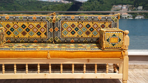 Yellow Arabic Majlis, Wooden Bench Sofa Sets, Arabic Jalsah Set, Garden Sofa Set, Bench Pillows, Corner Sofa Seating Set, Yemeni Majlis
