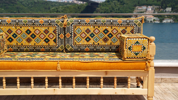 Yellow Arabic Majlis, Wooden Bench Sofa Sets, Arabic Jalsah Set, Garden Sofa Set, Bench Pillows, Corner Sofa Seating Set, Yemeni Majlis