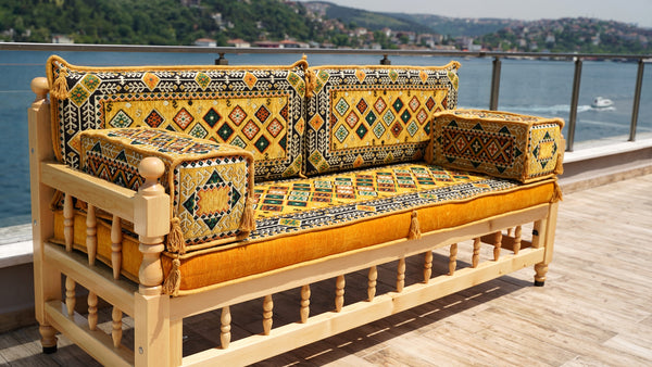 Yellow Arabic Majlis, Wooden Bench Sofa Sets, Arabic Jalsah Set, Garden Sofa Set, Bench Pillows, Corner Sofa Seating Set, Yemeni Majlis