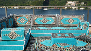 Turquoise L Shaped Sectional Sofas, Floor Cushions, Arabic Sofa Set, Pallet Sofa, Arabic Majlis, Pouffs