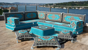 Turquoise L Shaped Sectional Sofas, Floor Cushions, Arabic Sofa Set, Pallet Sofa, Arabic Majlis, Pouffs