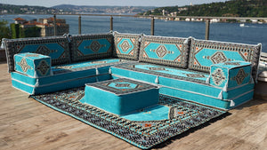Turquoise L Shaped Sectional Sofas, Floor Cushions, Arabic Sofa Set, Pallet Sofa, Arabic Majlis, Pouffs