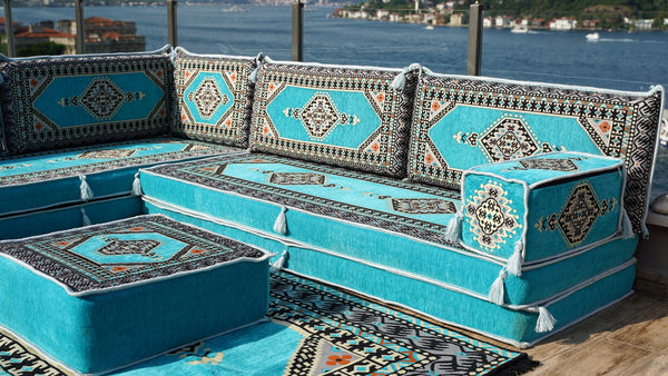 Turquoise L Shaped Sectional Sofas, Floor Cushions, Arabic Sofa Set, Pallet Sofa, Arabic Majlis, Pouffs