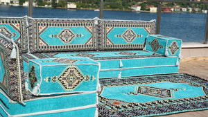 Turquoise L Shaped Sectional Sofas, Floor Cushions, Arabic Sofa Set, Pallet Sofa, Arabic Majlis, Pouffs