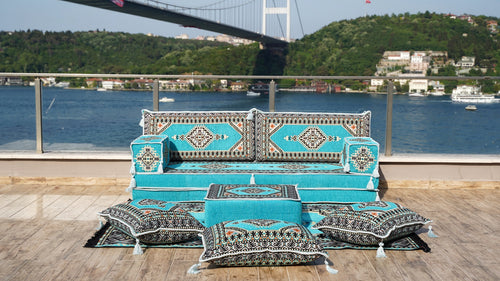 Turquoise Palace Elegance: Single Floor Sofa Set – Arabic Floor Couch – Washable Arabic Sofa – Traditional Turkish Sofa