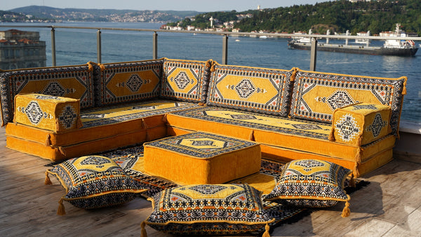 Yellow Palace Elegance pattern L-shaped corner Arabic floor sofa set, photo 10 of 16
