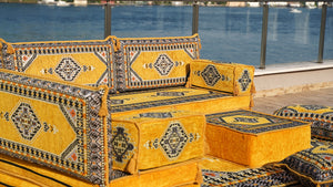 Yellow Palace Elegance pattern L-shaped corner Arabic floor sofa set, photo 11 of 16