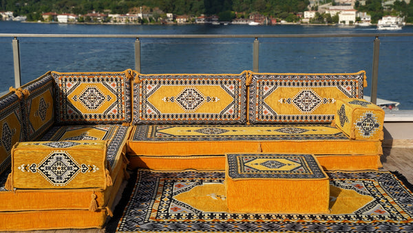 Yellow Palace Elegance pattern L-shaped corner Arabic floor sofa set, photo 13 of 16