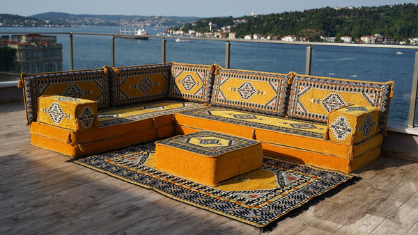 Yellow Palace Elegance pattern L-shaped corner Arabic floor sofa set, photo 12 of 16