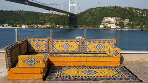 Yellow Palace Elegance pattern L-shaped corner Arabic floor sofa set, photo 14 of 16