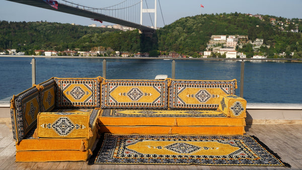 Yellow Palace Elegance pattern L-shaped corner Arabic floor sofa set, photo 14 of 16