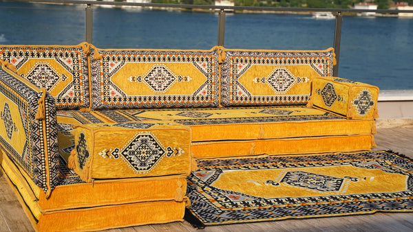 Yellow Palace Elegance pattern L-shaped corner Arabic floor sofa set, photo 15 of 16