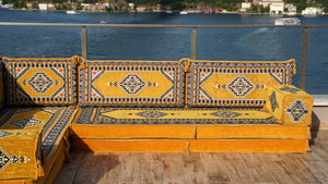 Yellow Palace Elegance pattern L-shaped corner Arabic floor sofa set, photo 17 of 17