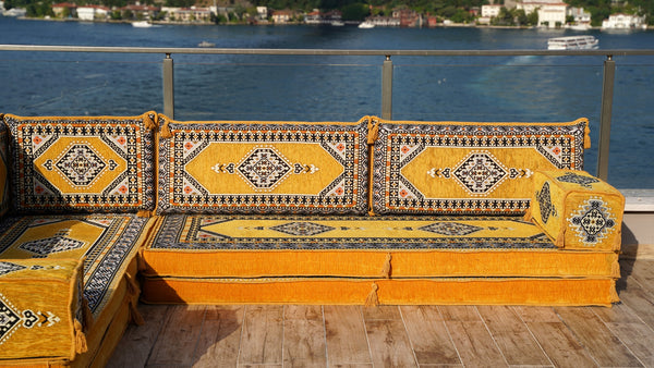 Yellow Palace Elegance pattern L-shaped corner Arabic floor sofa set, photo 17 of 17
