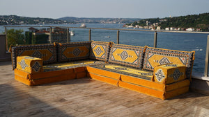 Yellow Palace Elegance pattern L-shaped corner Arabic floor sofa set, photo 16 of 16