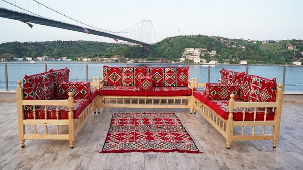 L Arabic Majlis Sofa Set, Red Corner Sofa Set, Pine Tree Wooden Bench, Floor Cushions, Wooden Bench Sofa Sets, Outdoor Furniture