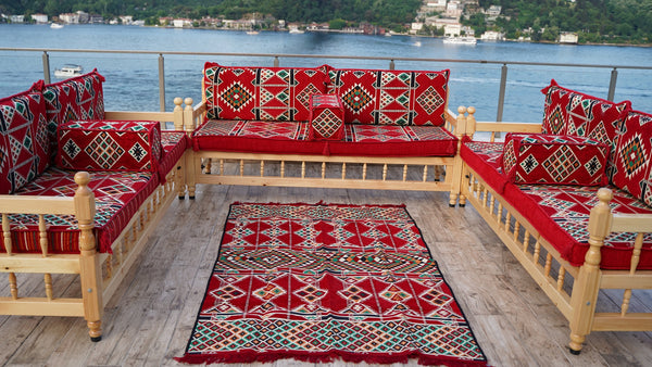 L Arabic Majlis Sofa Set, Red Corner Sofa Set, Pine Tree Wooden Bench, Floor Cushions, Wooden Bench Sofa Sets, Outdoor Furniture