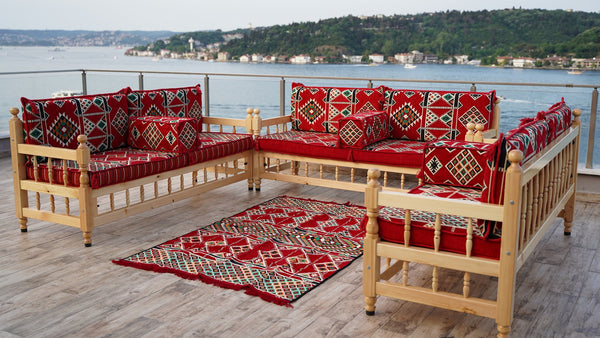 L Arabic Majlis Sofa Set, Red Corner Sofa Set, Pine Tree Wooden Bench, Floor Cushions, Wooden Bench Sofa Sets, Outdoor Furniture