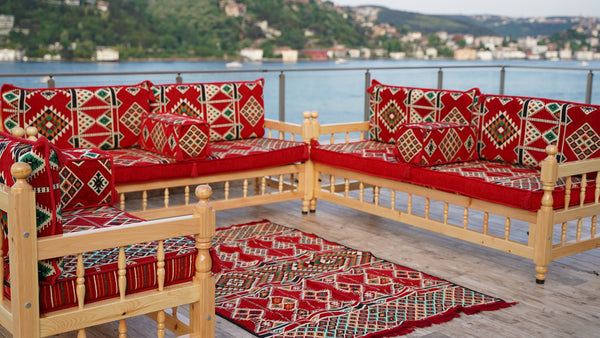 L Arabic Majlis Sofa Set, Red Corner Sofa Set, Pine Tree Wooden Bench, Floor Cushions, Wooden Bench Sofa Sets, Outdoor Furniture