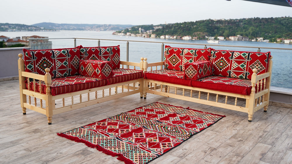L Arabic Majlis Sofa Set, Red Corner Sofa Set, Pine Tree Wooden Bench, Floor Cushions, Wooden Bench Sofa Sets, Outdoor Furniture
